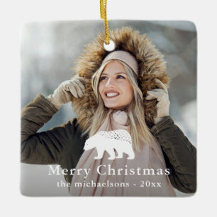 Rustic White Bear Christmas Holiday Photo Ceramic Ornament