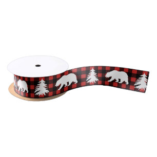 Rustic White Bear & Trees Buffalo Check Plaid Satin Ribbon