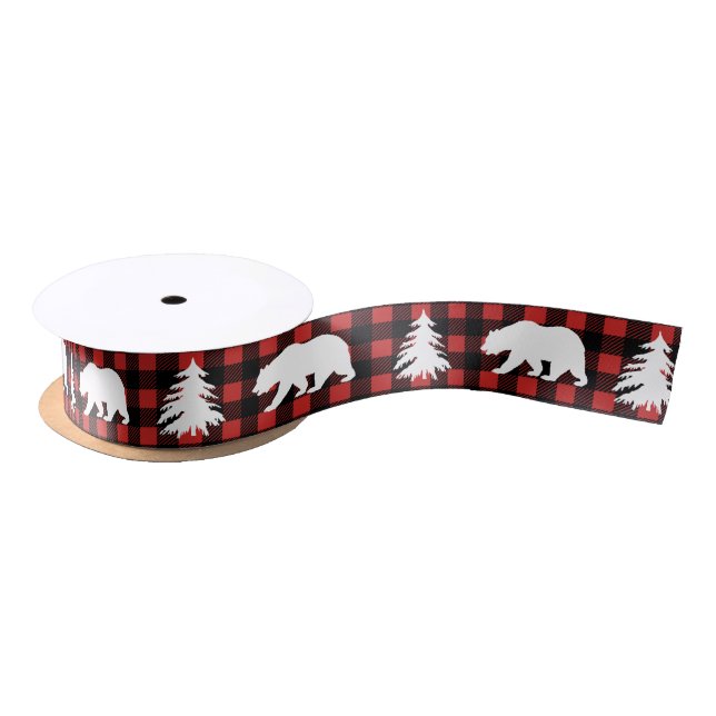 Rustic White Bear & Trees Buffalo Check Plaid Satin Ribbon (Spool)