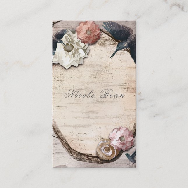 Rustic White Birch Floral & Hummingbird Elegant Business Card (Front)