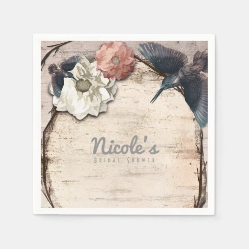 Rustic White Birch Floral  Hummingbird Elegant Napkins