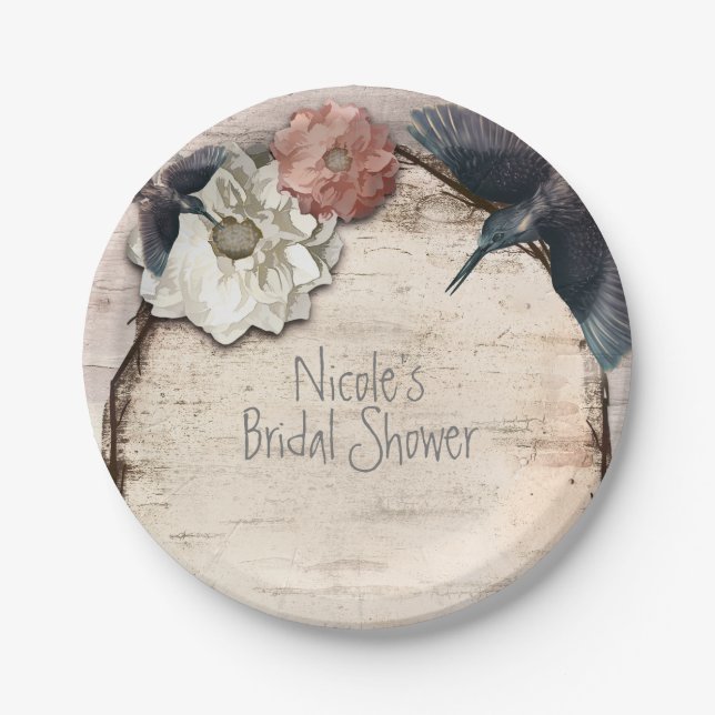Rustic White Birch Floral & Hummingbird Elegant Paper Plates (Front)