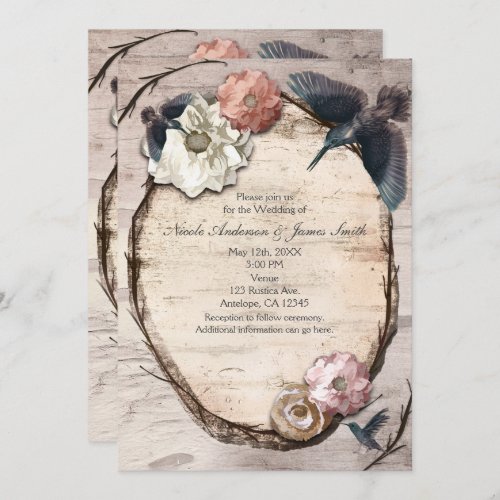 Rustic White Birch Floral  Hummingbird Invitation