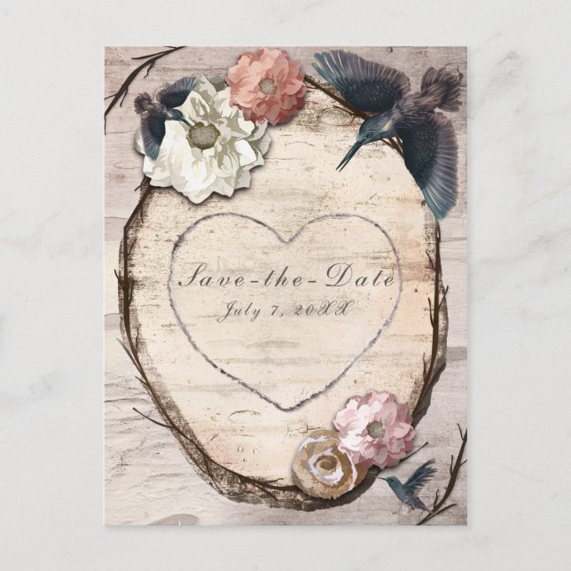 Rustic White Birch Floral & Hummingbird Save Date Announcement Postcard (Front)