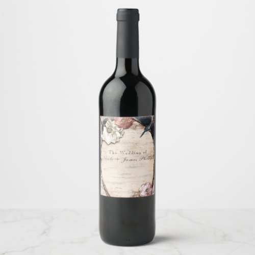 Rustic White Birch Floral  Hummingbird Wine Label