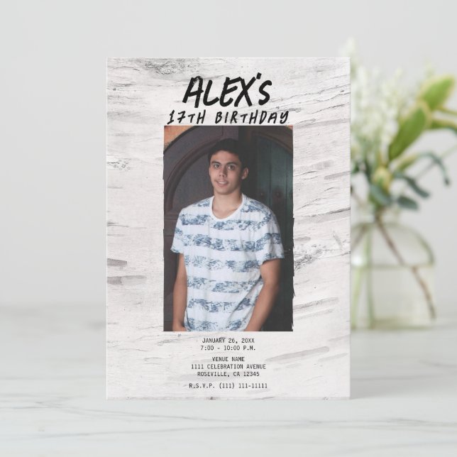Rustic White Birch Trendy Photo Birthday Party Invitation (Standing Front)