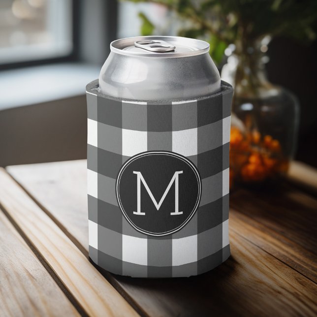 Rustic White Black Buffalo Check Pattern Monogram Can Cooler (Personalized can cooler with an area to add photos and custom text)