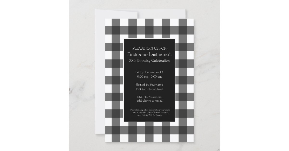 Rustic White & Black Buffalo Plaid Birthday Party Invitation | Zazzle