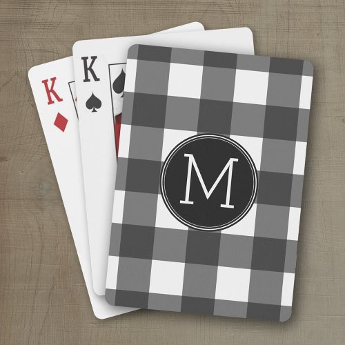 Rustic White Black Buffalo Plaid Pattern Monogram Poker Cards