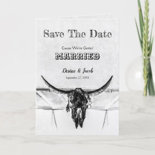 Rustic White Black Western Cow Skull Save The Date Announcement