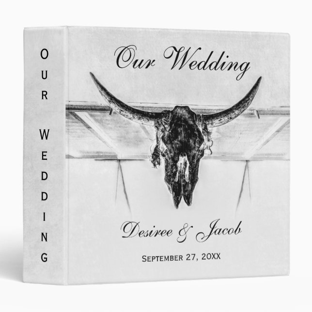 Rustic White Black Western Cow Skull Wedding 3 Ring Binder (Front/Spine)