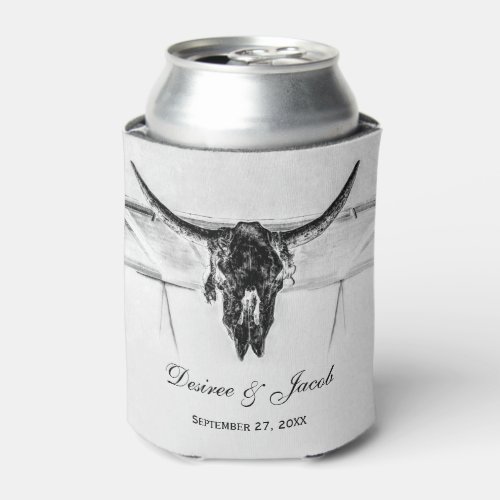 Rustic White Black Western Cow Skull Wedding Can Cooler