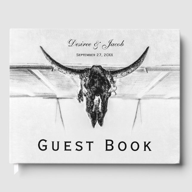 Rustic White Black Western Cow Skull Wedding Guest Book (Front)