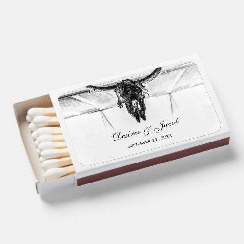 Rustic White Black Western Cow Skull Wedding Matchboxes