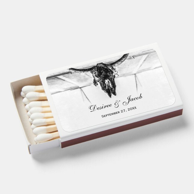 Rustic White Black Western Cow Skull Wedding Matchboxes (Front Open)