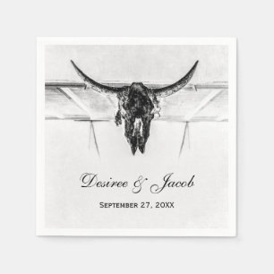 Rustic White Black Western Cow Skull Wedding Napkins