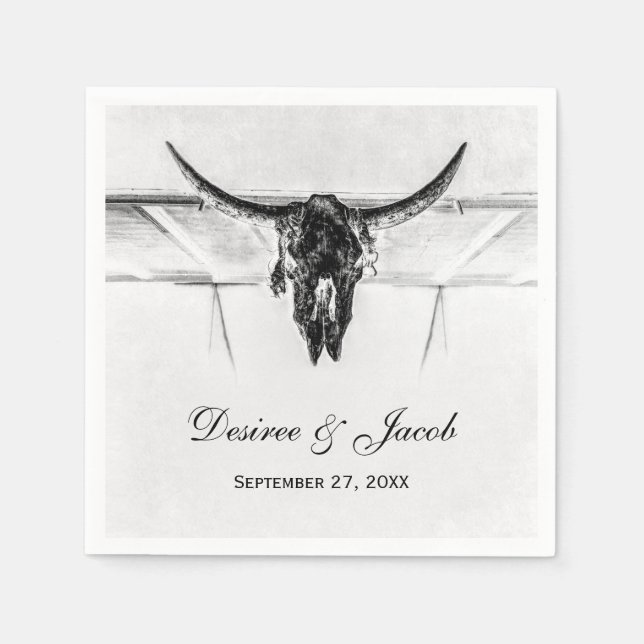 Rustic White Black Western Cow Skull Wedding Napkins (Front)