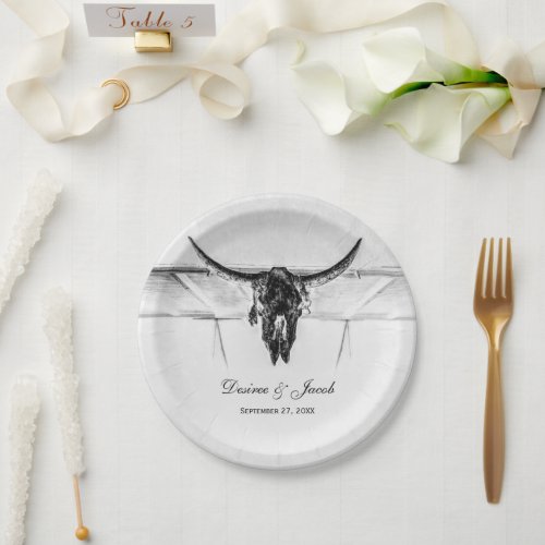 Rustic White Black Western Cow Skull Wedding Paper Plates