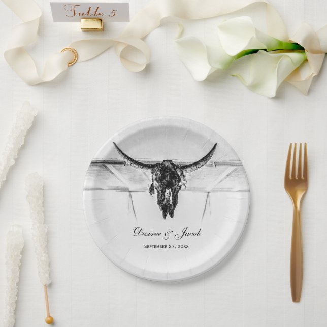 Rustic White Black Western Cow Skull Wedding Paper Plates (Wedding)