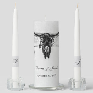 Rustic White Black Western Cow Skull Wedding Unity Candle Set