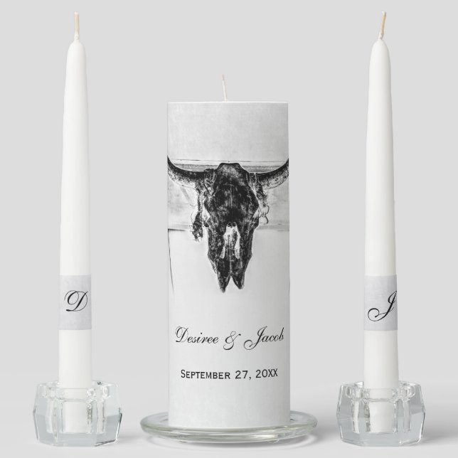 Rustic White Black Western Cow Skull Wedding Unity Candle Set (Front)