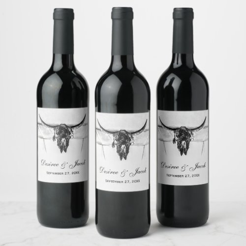 Rustic White Black Western Cow Skull Wedding Wine Label