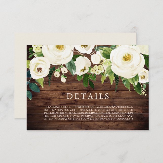 Rustic White Blooming Flowers Wedding Details Card (Front/Back)