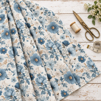 Rustic White Blue Botanical Pastel Vintage Floral Fabric