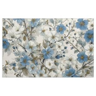 Rustic White Blue Botanical Pastel Vintage Floral  Fabric