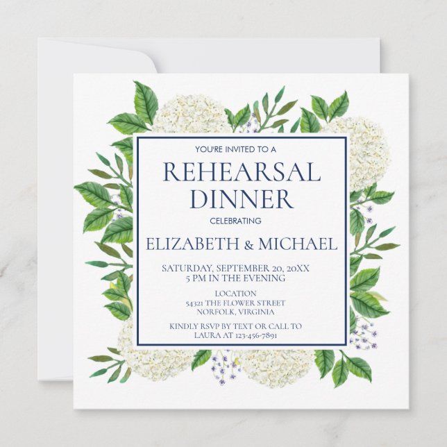 Rustic White Blue Hydrangeas Watercolor Rehearsal Invitation (Front)