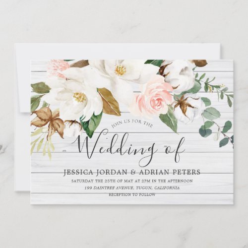 Rustic White  Blush Floral All Seasons Wedding Invitation