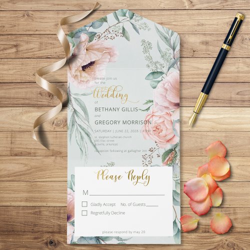 Rustic White  Blush Peonies Sage Green No Dinner All In One Invitation