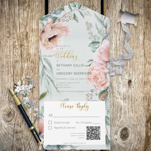 Rustic White  Blush Peonies Sage Green QR Code All In One Invitation