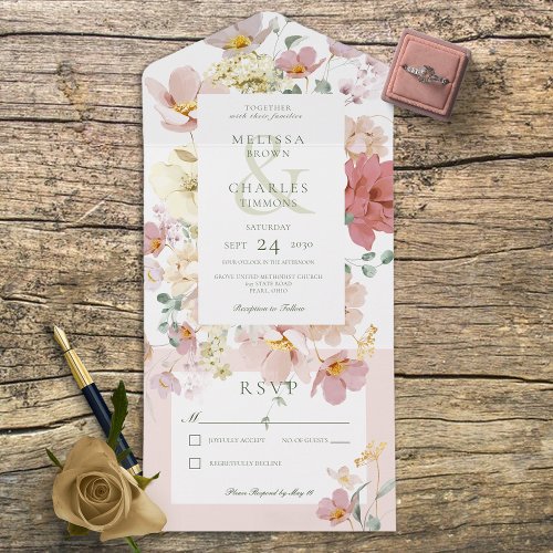 Rustic White  Blush Pink Boho Flowers No Dinner All In One Invitation