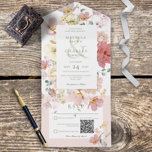 Rustic White  Blush Pink Boho Flowers QR Code All In One Invitation