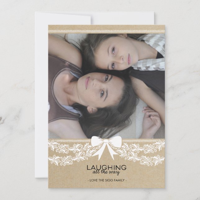 Rustic White Bow & Garland Holiday Photo Card (Front)