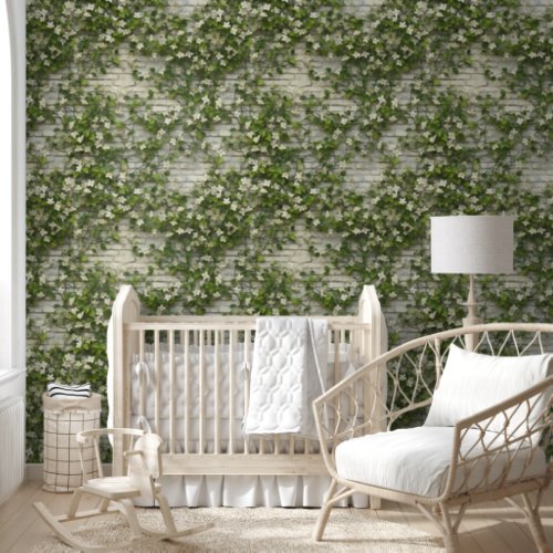 Rustic White Brick Floral Ivy Wallpaper