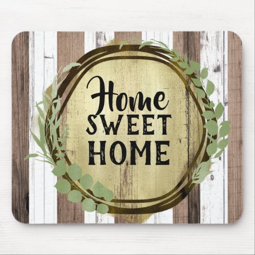 Rustic White  Brown Wood Botanical Wreath Barn Mouse Pad