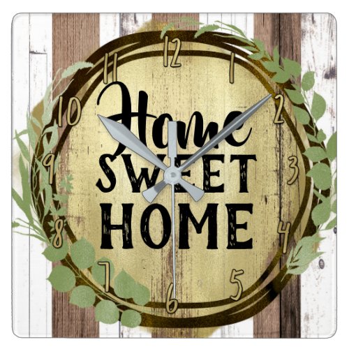 Rustic White &amp; Brown Wood Botanical Wreath Barn Square Wall Clock