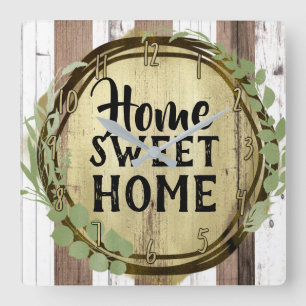 Rustic White & Brown Wood Botanical Wreath Barn Square Wall Clock