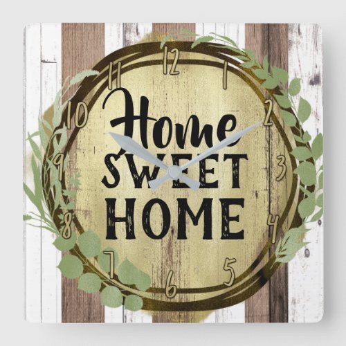 Rustic White  Brown Wood Botanical Wreath Barn Square Wall Clock