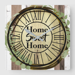 Rustic White & Brown Wood Botanical Wreath Barn Square Wall Clock