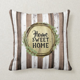 Rustic White & Brown Wood Botanical Wreath Barn Throw Pillow