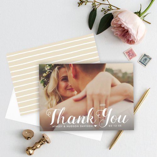 Rustic White Brushed Script Wedding Photo Thank You Card