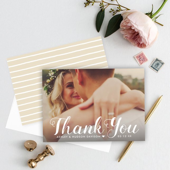 Rustic White Brushed Script Wedding Photo Thank You Card (Creator Uploaded)