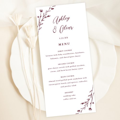 Rustic White  Burgundy Floral Wedding Menu Card