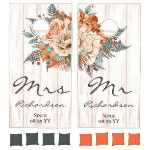Rustic White Burnt Orange Cream Florals Mrs and Mr Cornhole Set
