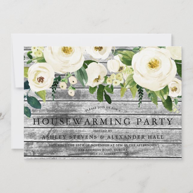 Rustic White Champagne Flowers Housewarming party Invitation (Front)