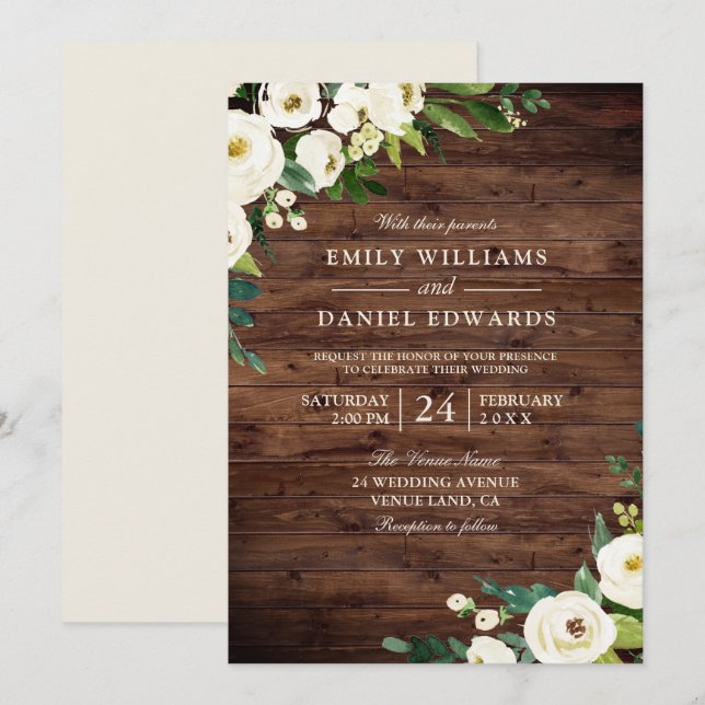 Rustic White Champagne Flowers Wedding Invitation (Front/Back)
