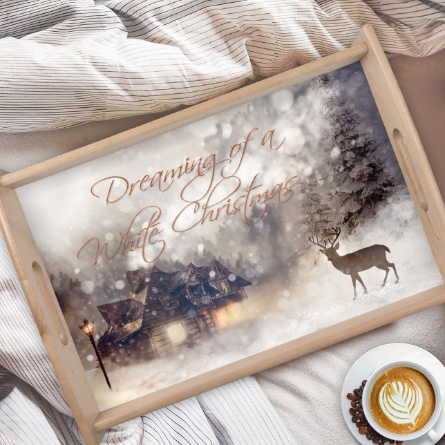Rustic White Christmas Painted Serving Tray (Christmas serving tray featuring a snow covered landscape with a warm lit home and a deer)